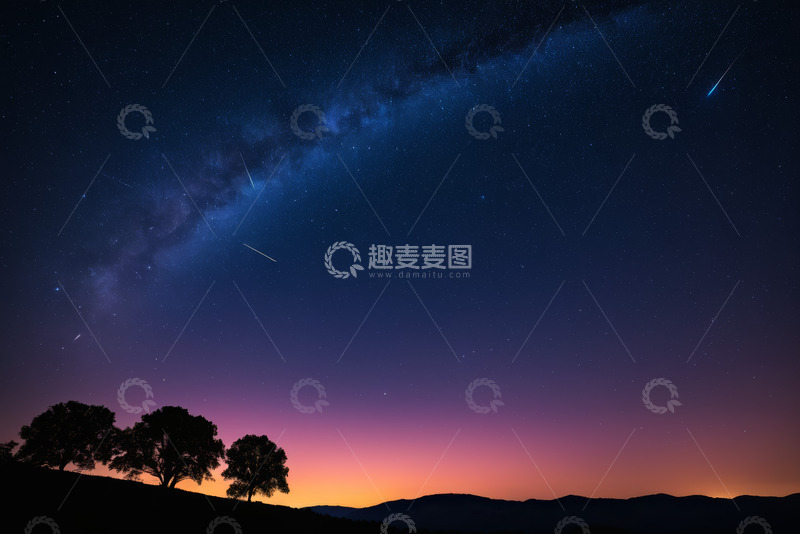 高清大图下载【趣麦麦图】星空下的树木与远山夜景