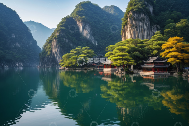 高清大图下载【趣麦麦图】山水间中式建筑湖景