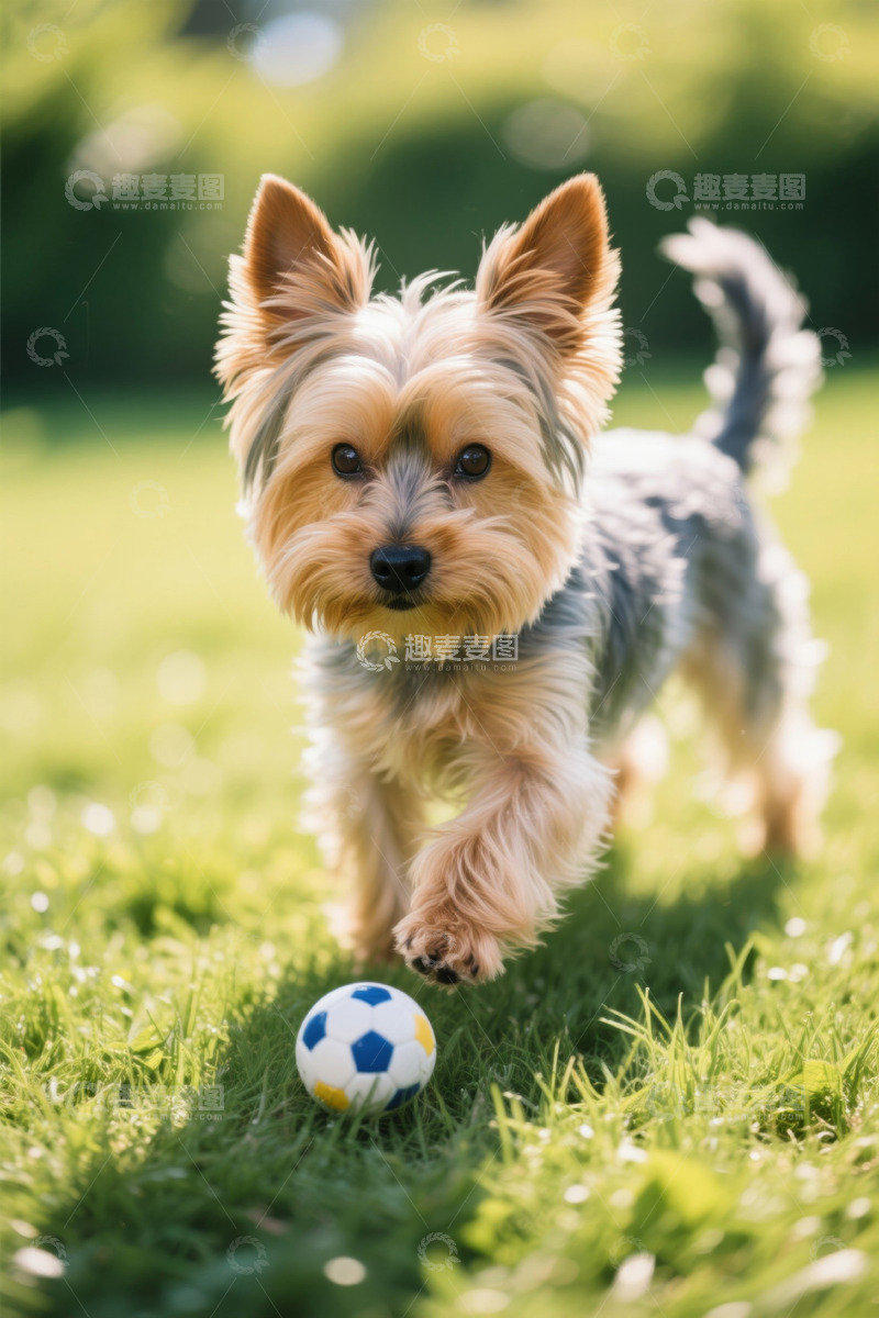 高清大图下载【趣麦麦图】草地上玩耍的约克夏小狗