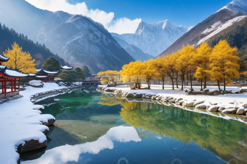 高清大图下载【趣麦麦图】山水间中式建筑雪景风光