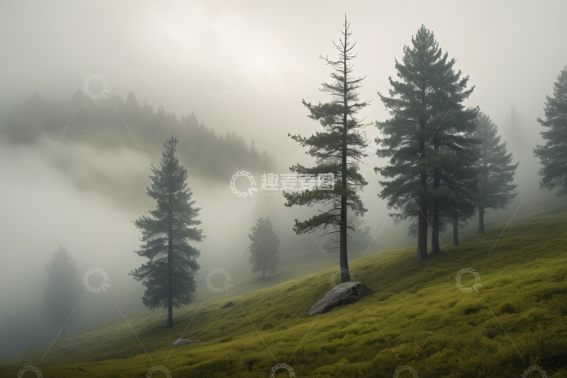 高清大图下载【趣麦麦图】雾中森林山坡松树景观