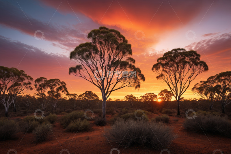 高清大图下载【趣麦麦图】澳大利亚荒野日落树木景观