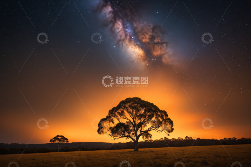 高清大图下载【趣麦麦图】旷野树木与星空夜景