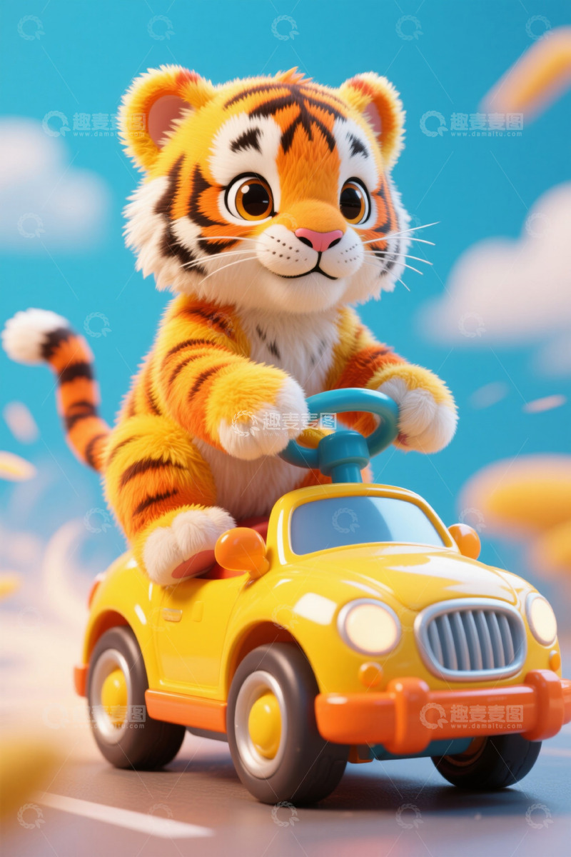高清大图下载【趣麦麦图】卡通小老虎驾驶黄色玩具车