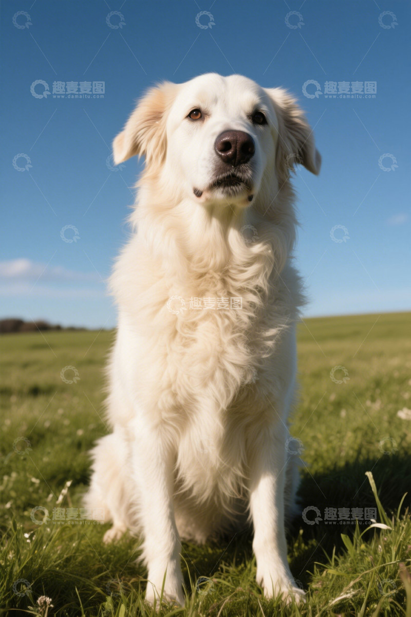 高清大图下载【趣麦麦图】草地中坐着的白色长毛犬