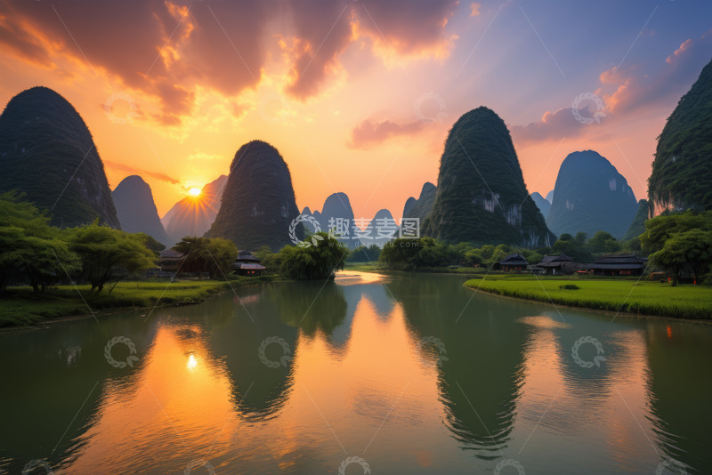 高清大图下载【趣麦麦图】桂林漓江日落山水风光