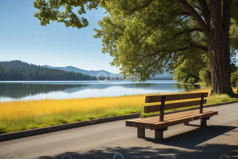 高清大图下载【趣麦麦图】湖畔长椅自然风光
