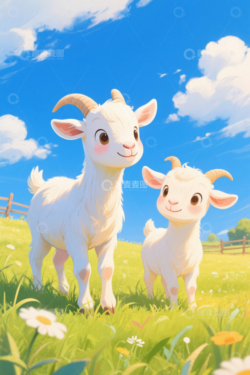 高清大图下载【趣麦麦图】草地上的两只卡通山羊