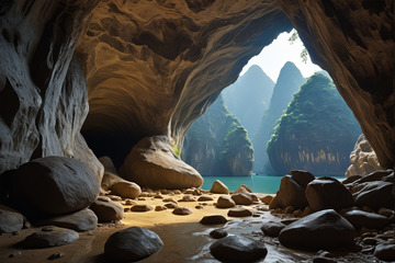 山洞内眺望山水景观