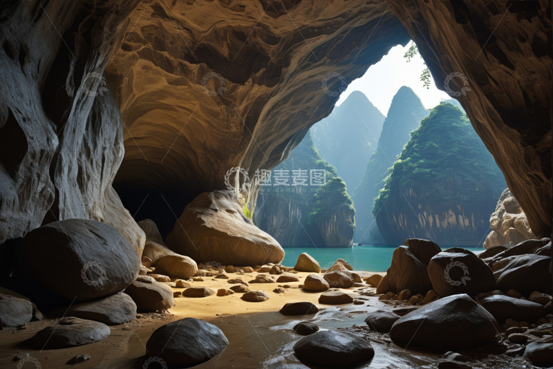 高清大图下载【趣麦麦图】山洞内眺望山水景观