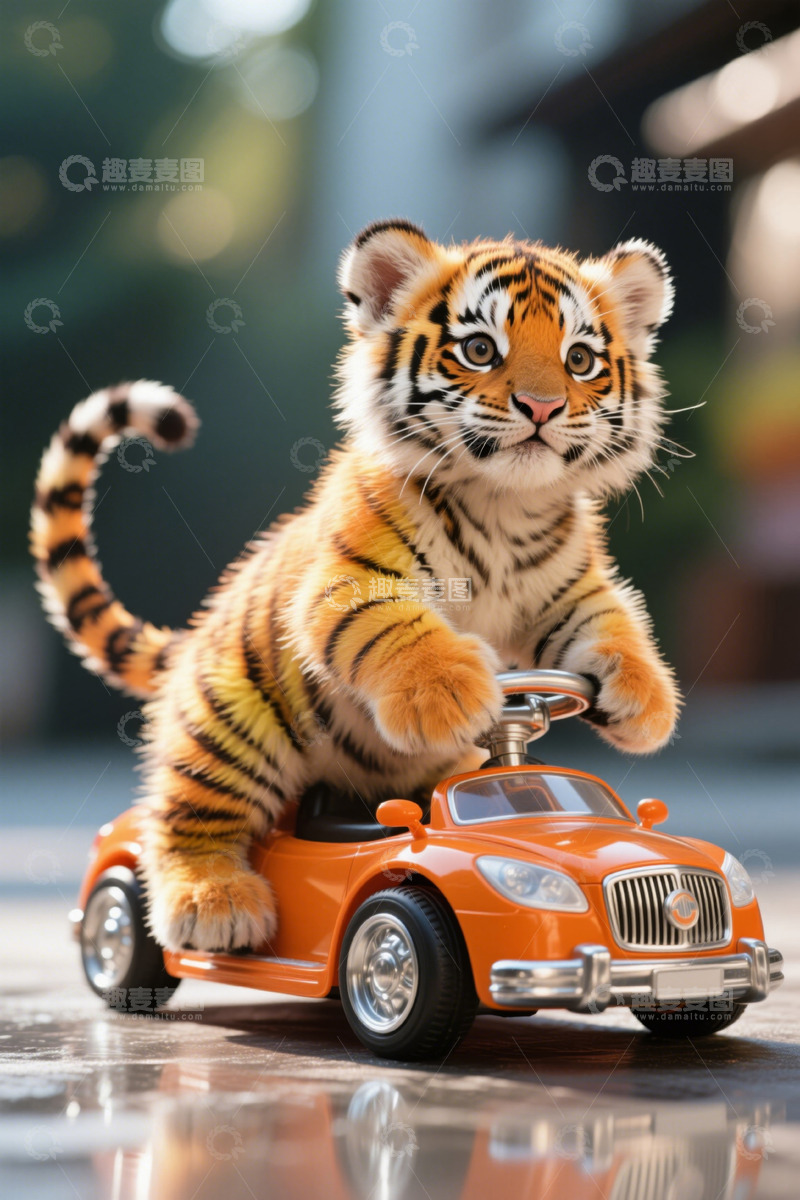 高清大图下载【趣麦麦图】小老虎驾驶橙色玩具车