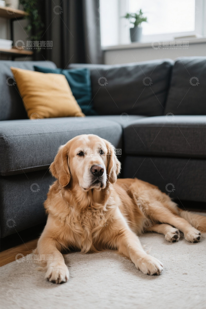 高清大图下载【趣麦麦图】室内趴在地毯上的金毛犬