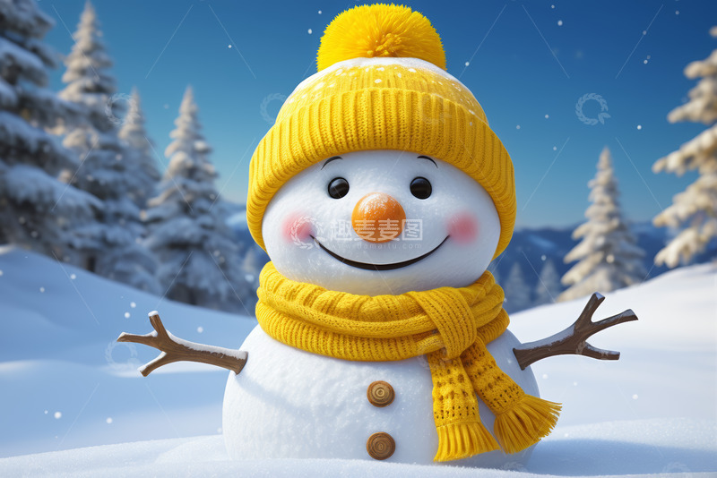 高清大图下载【趣麦麦图】雪地中戴黄帽围巾的可爱雪人
