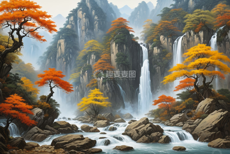 高清大图下载【趣麦麦图】秋季山水间瀑布与彩林景观