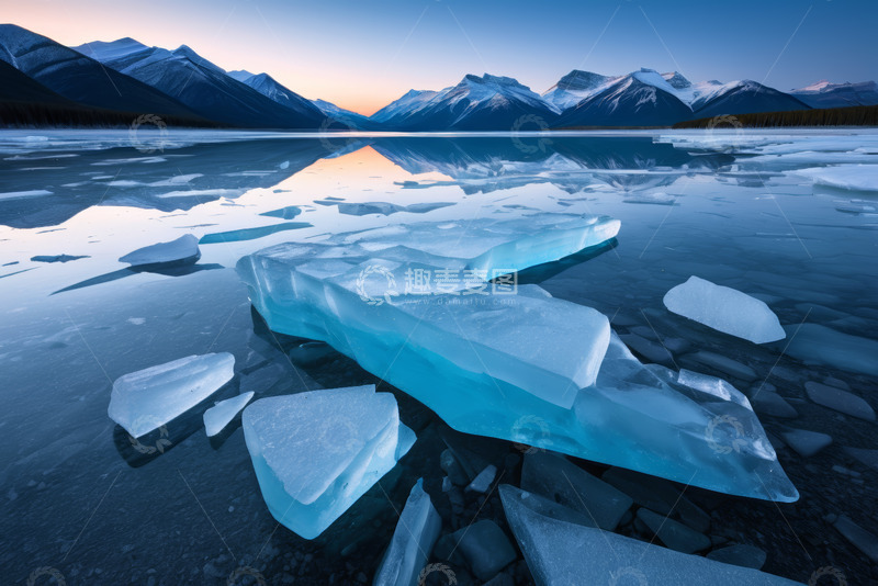 高清大图下载【趣麦麦图】湖面上漂浮的冰块与远山景色