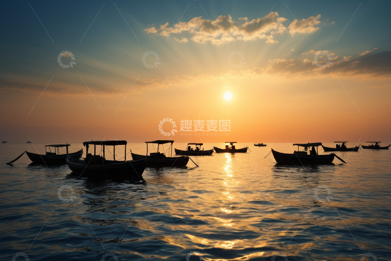 高清大图下载【趣麦麦图】海上夕阳下停泊的船只