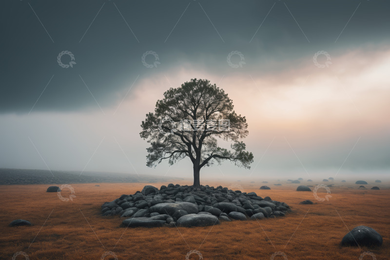 高清大图下载【趣麦麦图】旷野中孤树与石堆风景