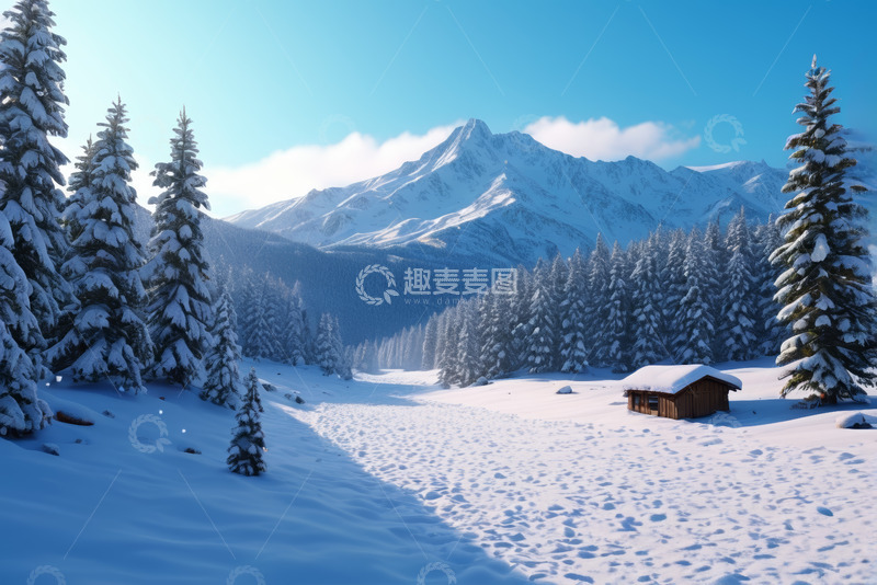 高清大图下载【趣麦麦图】雪后山林中的木屋景观