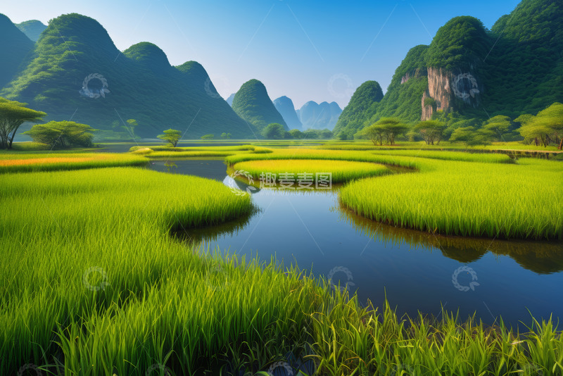 高清大图下载【趣麦麦图】山水间稻田田园风光