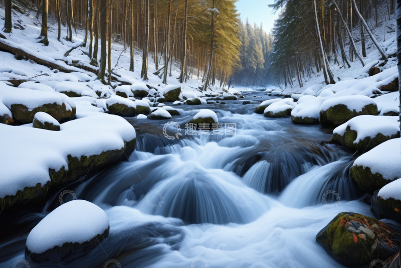 高清大图下载【趣麦麦图】冬日森林中溪流雪景