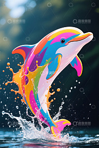 彩色海豚跃出水面艺术画面