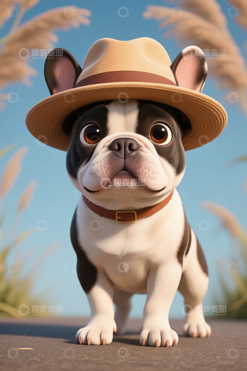高清大图下载【趣麦麦图】戴帽子的卡通法国斗牛犬