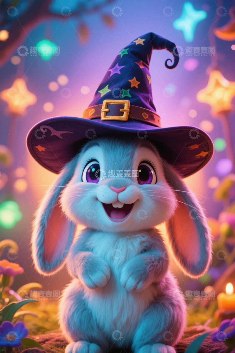 高清大图下载【趣麦麦图】戴巫师帽的可爱兔子形象