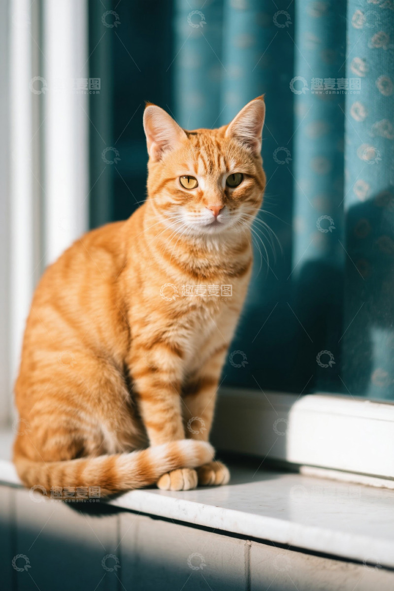 高清大图下载【趣麦麦图】窗边坐着的橘色猫咪