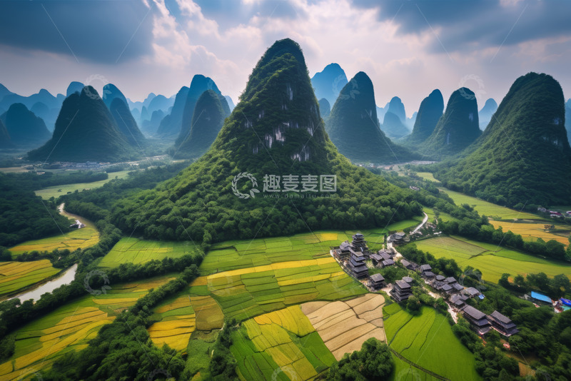 高清大图下载【趣麦麦图】-桂林山水田园风光航拍