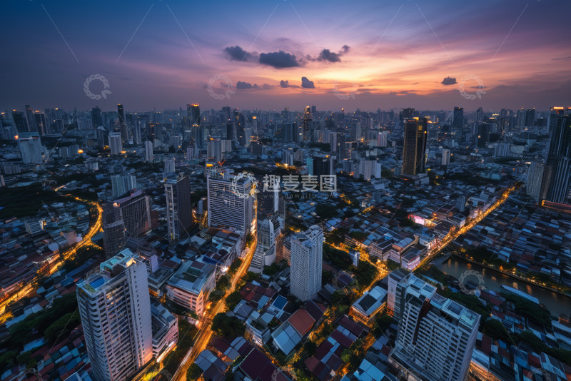 高清大图下载【趣麦麦图】城市黄昏时分高楼俯瞰景象