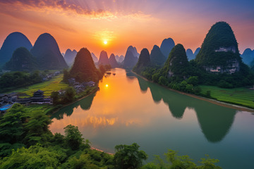 桂林阳朔山水日落全景