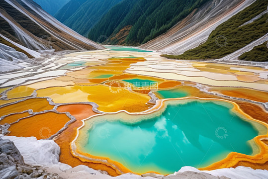 五彩斑斓山间天然彩色水池
