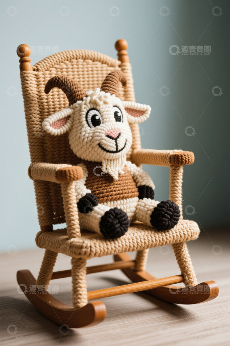 高清大图下载【趣麦麦图】编织山羊玩偶坐摇摇椅