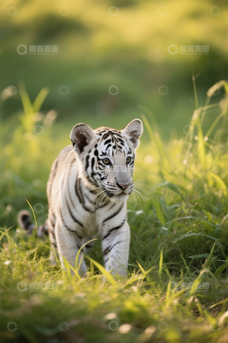 高清大图下载【趣麦麦图】草地上的小白虎