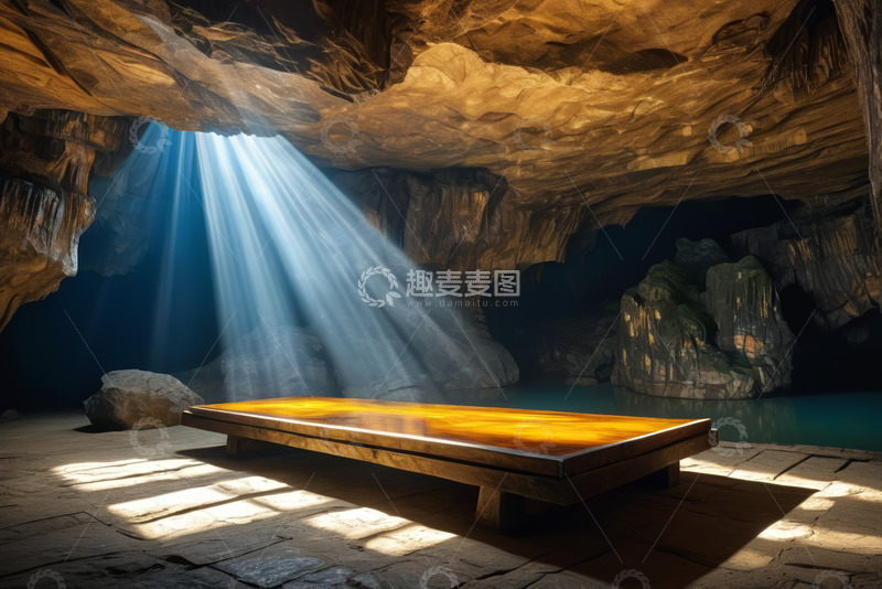 高清大图下载【趣麦麦图】洞穴内阳光照射木质平台场景