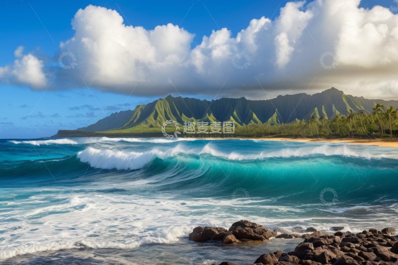 高清大图下载【趣麦麦图】夏威夷海滩海浪与山景风光