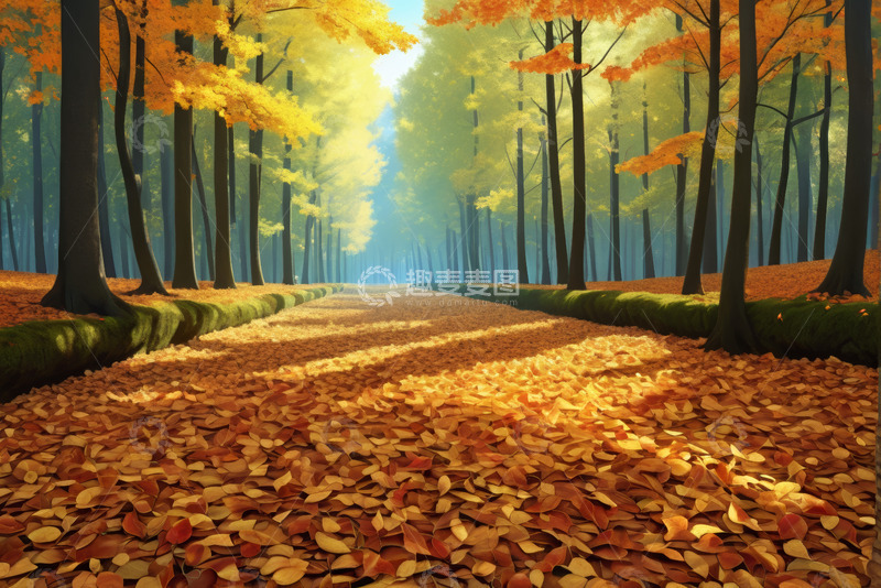 高清大图下载【趣麦麦图】秋日森林落叶铺就的林间小道