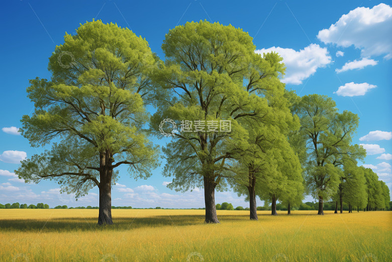 田野中绿树蓝天白云景象