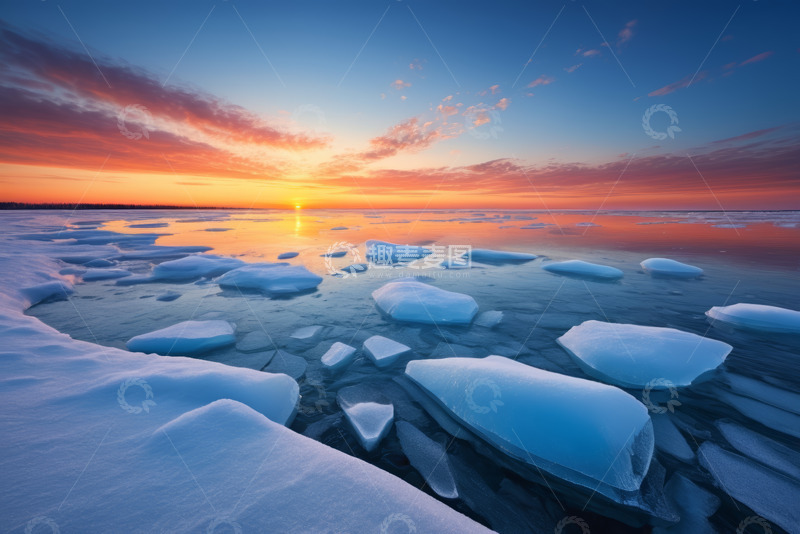 高清大图下载【趣麦麦图】海面浮冰与落日霞光景观