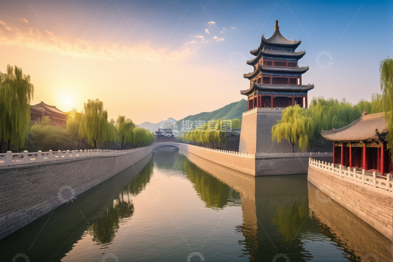 高清大图下载【趣麦麦图】中式古建筑河畔风景