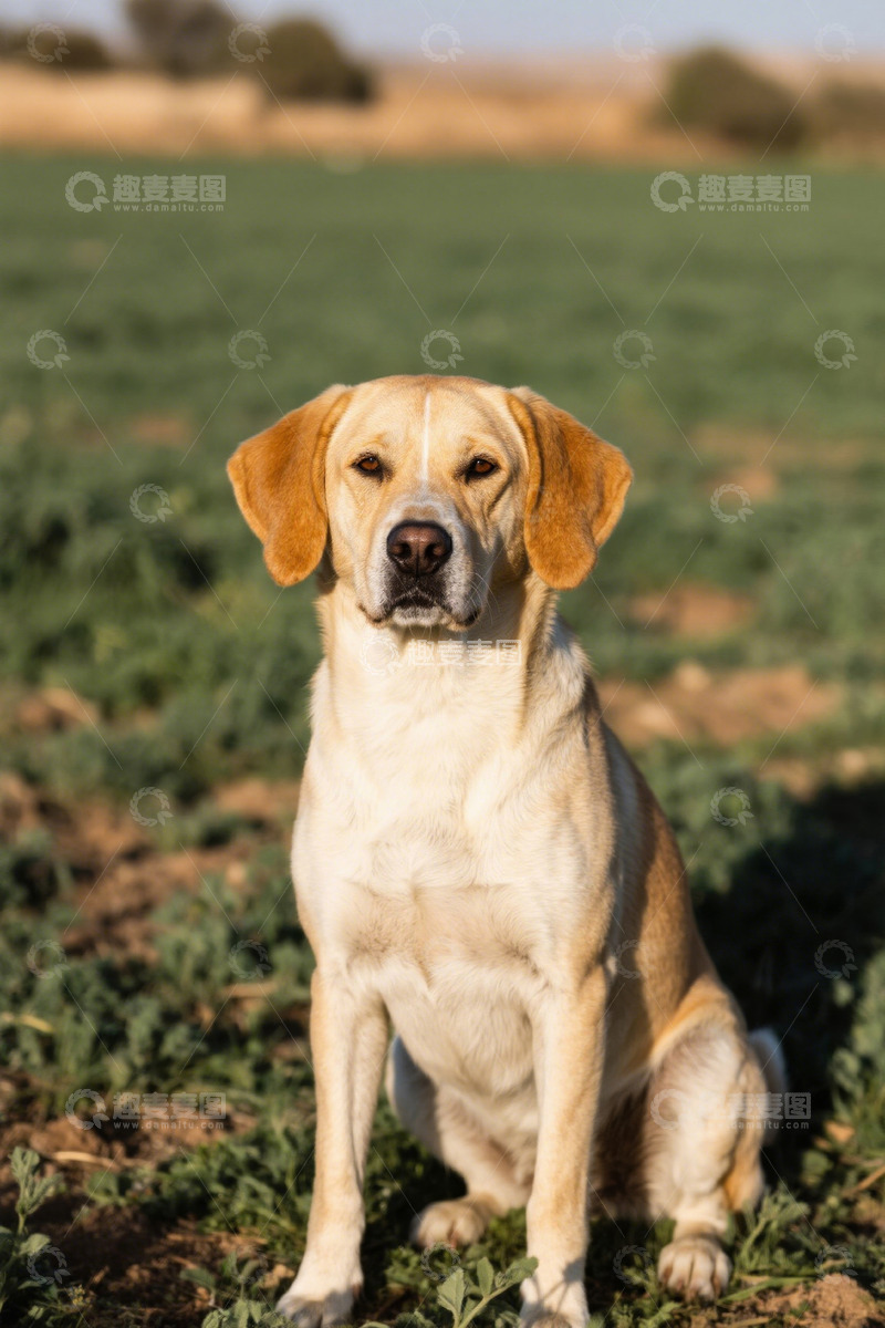 高清大图下载【趣麦麦图】田野中坐着的黄色宠物狗