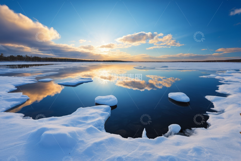 高清大图下载【趣麦麦图】冰雪覆盖湖面日出景观