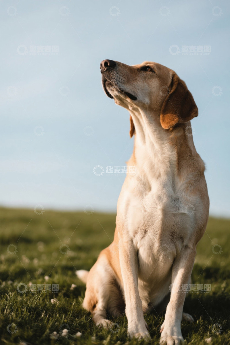 高清大图下载【趣麦麦图】草地中坐立仰头的宠物狗