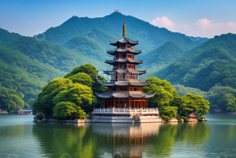 高清大图下载【趣麦麦图】杭州西湖中式楼阁湖景