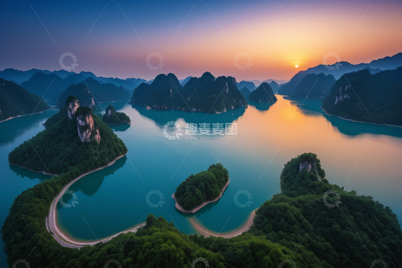 高清大图下载【趣麦麦图】山水间日出航拍全景