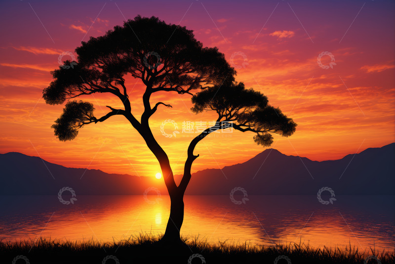 高清大图下载【趣麦麦图】夕阳下湖畔孤树自然风光