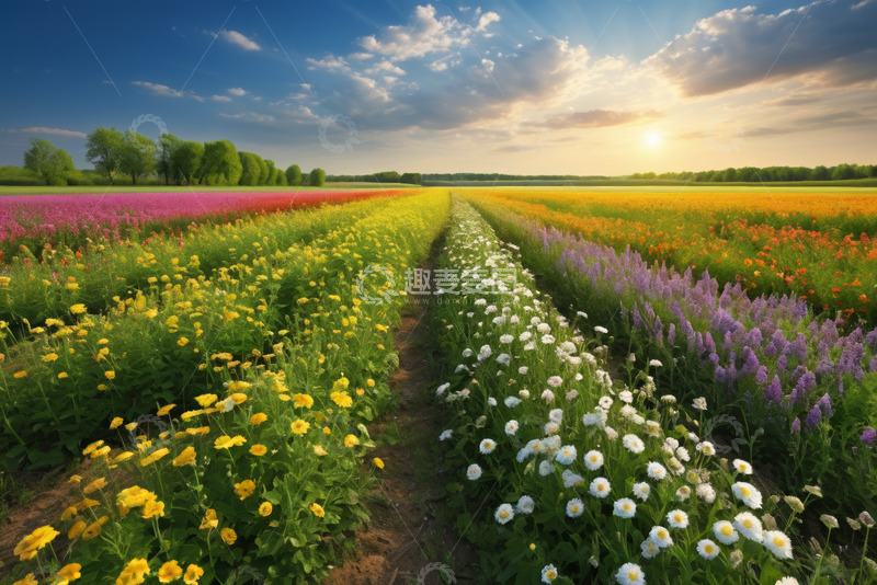 高清大图下载【趣麦麦图】多彩花田日落风光