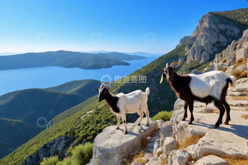 高清大图下载【趣麦麦图】山间岩石上的两只山羊
