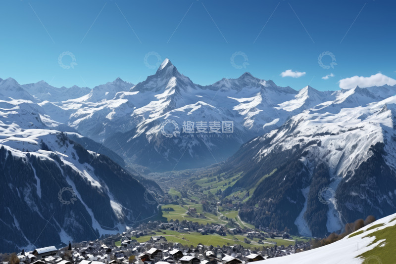 高清大图下载【趣麦麦图】瑞士雪山下的山谷小镇风光