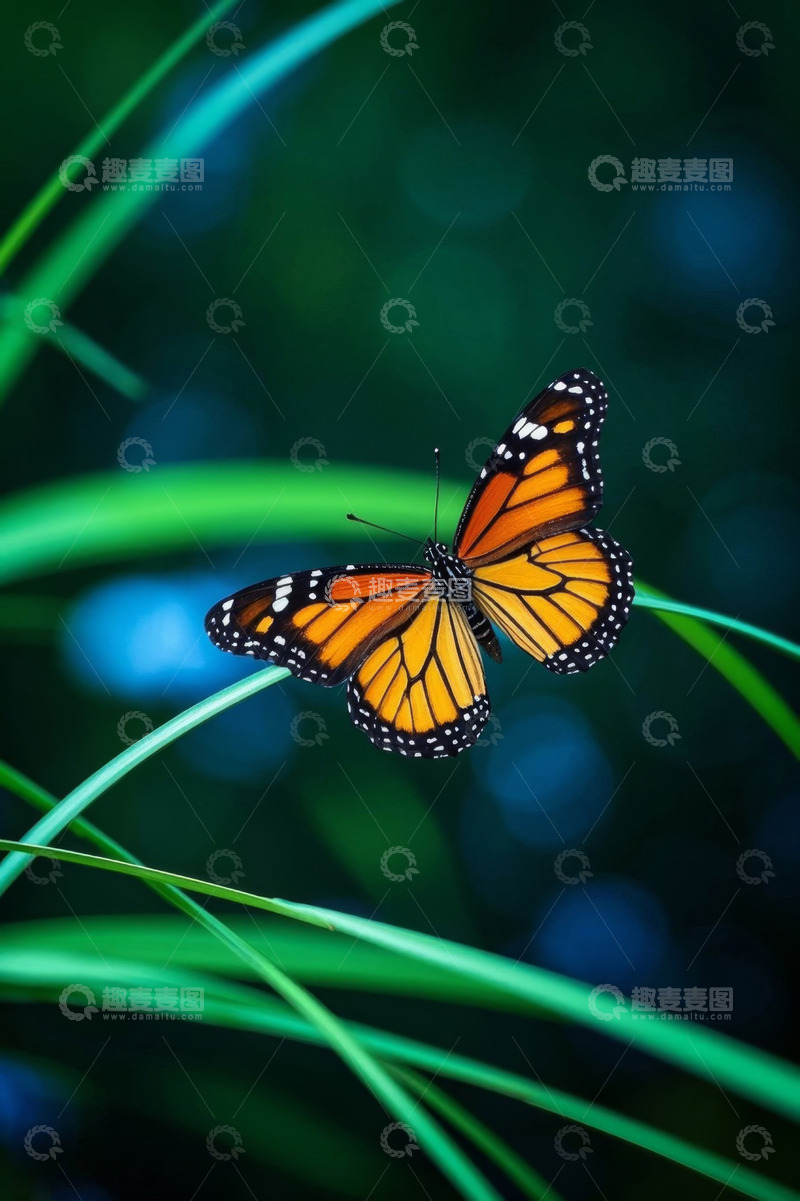 高清大图下载【趣麦麦图】绿叶上停歇的橙色蝴蝶